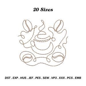 May include: A brown line drawing of a coffee cup with steam rising from it and coffee beans on either side. The text "20 Sizes" is above the image. The text "DST. EXP. HUS. JEF. PES. SEW. VP3. XXX. PCS. EMB" is below the image.