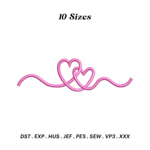 Könnte beinhalten: Rosa Stickmuster mit zwei ineinander verschlungenen Herzen und einer Wellenlinie, in 10 Größen erhältlich.  DST, EXP, HUS, JEF, PES, SEW, VP3, XXX.