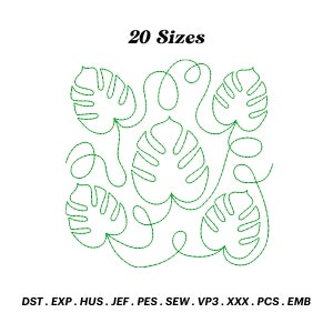 May include: A digital embroidery design of five green monstera leaves with a decorative swirl pattern. The design is available in 20 sizes and in the following formats: DST, EXP, HUS, JEF, PES, SEW, VP3, XXX, PCS, EMB.
