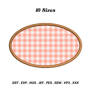 May include: A pink and white gingham pattern inside a brown oval frame. The text "10 Sizes" is above the oval. The text "DST. EXP. HUS. JEF. PES. SEW. VP3. XXX" is below the oval.