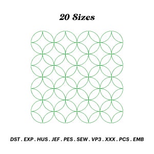 May include: A digital embroidery design of a geometric pattern with overlapping circles. The design is available in 20 sizes and in the following formats: DST, EXP, HUS, JEF, PES, SEW, VP3, XXX, PCS, EMB.
