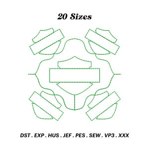 May include: Green outline of a motorcycle logo with the text "20 Sizes" above it and the text "DST. EXP. HUS. JEF. PES. SEW. VP3. XXX" below it.