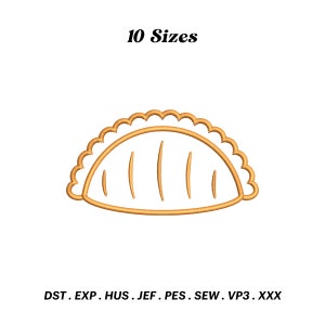 May include: A gold outline of a pastry, like a turnover or empanada, with a scalloped edge and vertical lines inside. The image is labelled "10 Sizes" and "DST. EXP. HUS. JEF. PES. SEW. VP3. XXX".