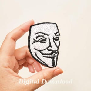 May include: White embroidered iron-on patch of the Anonymous mask, a stylized face with a black outline and a black smile.