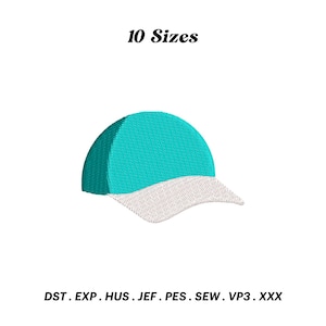 May include: A turquoise and white baseball cap embroidery design. 10 Sizes. DST, EXP, HUS, JEF, PES, SEW, VP3, XXX.