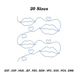 Puede incluir: Un diseño de bordado digital de cinco conjuntos de labios con corazones, en hilo azul. El diseño está disponible en 20 tamaños y en los siguientes formatos: DST, EXP, HUS, JEF, PES, SEW, VP3, XXX, PCS, EMB.