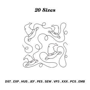 May include: A black and white line drawing of five witch hats with swirls. The text "20 Sizes" is at the top of the image. The text "DST. EXP. HUS. JEF. PES. SEW. VP3. XXX. PCS. EMB" is at the bottom of the image.