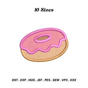 Könnte beinhalten: Stickdatei für einen rosafarbenen und braunen Donut, in 10 Größen erhältlich. Die Datei enthält die Formate: DST, EXP, HUS, JEF, PES, SEW, VP3, XXX.
