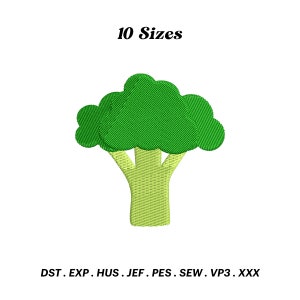 May include: Green broccoli embroidery design in 10 sizes. File formats include DST, EXP, HUS, JEF, PES, SEW, VP3, and XXX.