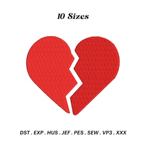 May include: A red broken heart embroidery design. This design is available in 10 sizes. The file formats included are DST, EXP, HUS, JEF, PES, SEW, VP3, and XXX.