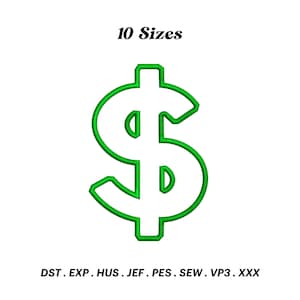 Puede incluir: Esquema verde de un signo de dólar con el texto "10 Sizes" arriba y "DST. EXP. HUS. JEF. PES. SEW. VP3. XXX" abajo.