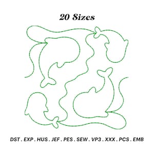 Puede incluir: Un diseño de bordado digital de cuatro ballenas en una línea continua, con el texto "20 tamaños" sobre el diseño. El diseño está en verde y blanco e incluye los formatos de archivo: DST, EXP, HUS, JEF, PES, SEW, VP3, XXX, PCS, EMB.