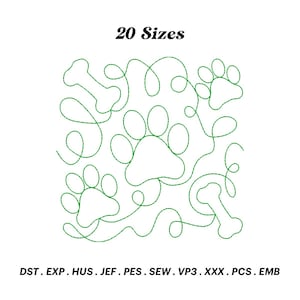 May include: A digital embroidery design featuring a pattern of paw prints, bones, and swirls. The design is available in 20 sizes and comes in the following formats: DST, EXP, HUS, JEF, PES, SEW, VP3, XXX, PCS, EMB.