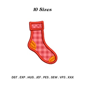 May include: Red and white checkered sock with orange accents. 10 Sizes. DST, EXP, HUS, JEF, PES, SEW, VP3, XXX.
