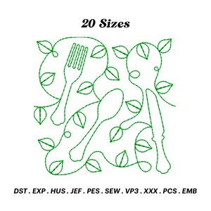 May include: A digital embroidery design of a fork, spoon, and knife surrounded by leaves. The design is available in 20 sizes and includes the file formats DST, EXP, HUS, JEF, PES, SEW, VP3, XXX, PCS, and EMB.