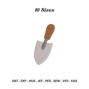 May include: A small, gray gardening trowel with a brown wooden handle. The image text reads "10 Sizes" and "DST. EXP. HUS. JEF. PES. SEW. VP3. XXX".