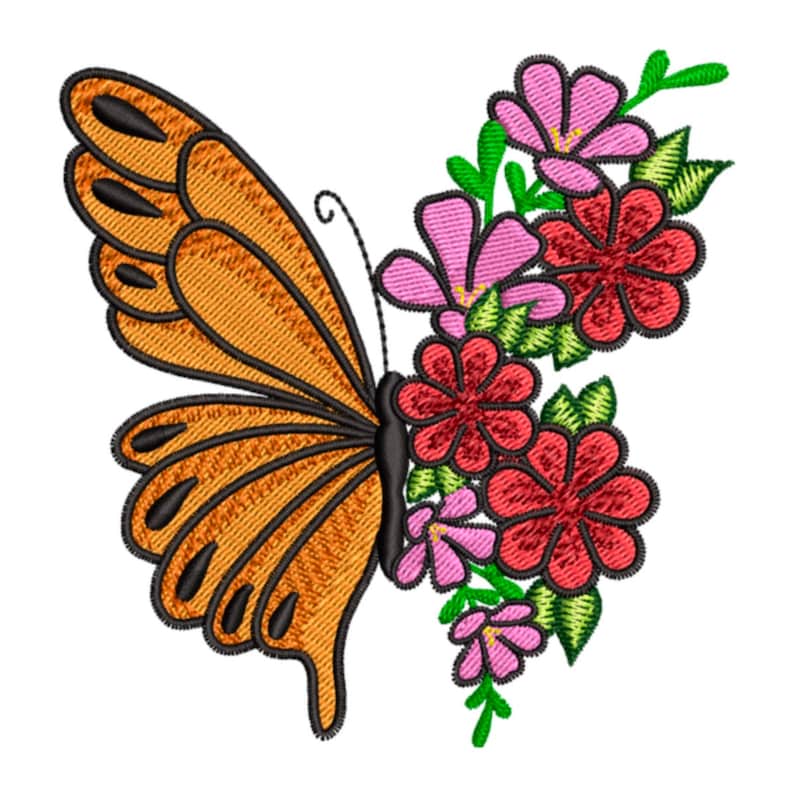May include: An orange butterfly with black markings is flying near a cluster of pink and red flowers with green leaves.