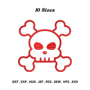 Puede incluir: Diseño de bordado de calavera y huesos cruzados rojos en 10 tamaños. Disponible en formatos DST, EXP, HUS, JEF, PES, SEW, VP3 y XXX.