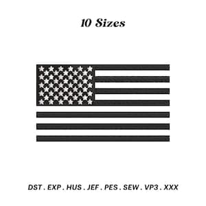 May include: Black and white embroidery design of the American flag. The design includes 10 sizes: DST, EXP, HUS, JEF, PES, SEW, VP3, XXX.