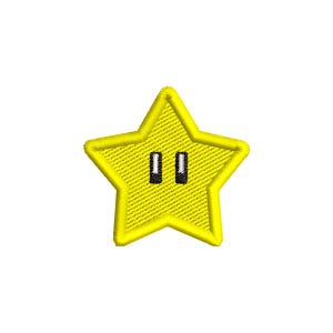 Puede incluir: Un parche amarillo en forma de estrella con un contorno negro y dos ojos negros. La estrella tiene una apariencia texturizada.