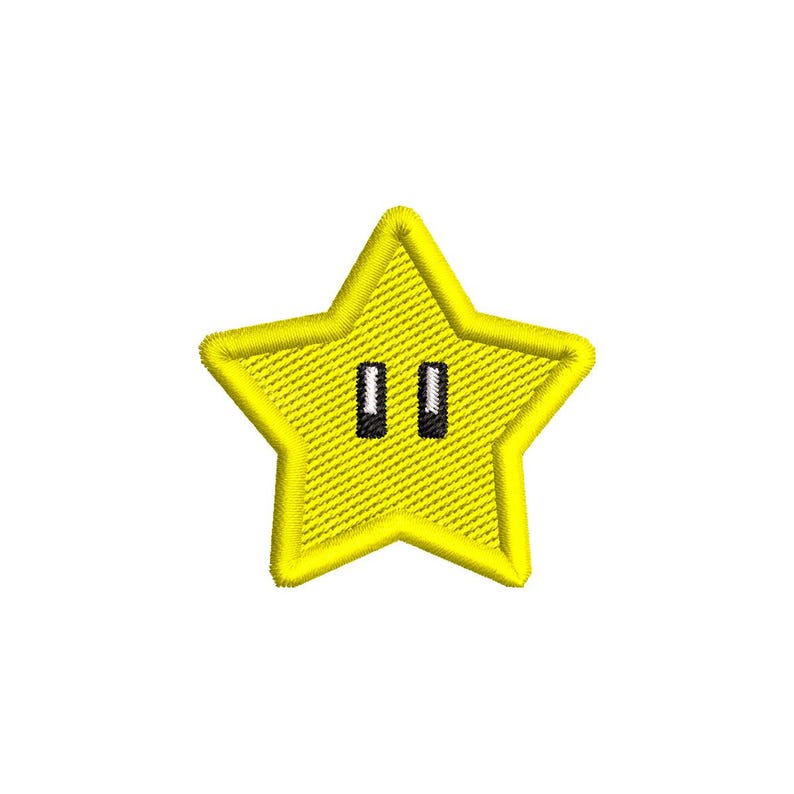 Puede incluir: Un parche amarillo en forma de estrella con un contorno negro y dos ojos negros. La estrella tiene una apariencia texturizada.