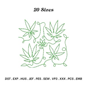 May include: Green cannabis leaf design with the text "20 Sizes" in black. The design features several stylized cannabis leaves connected by a flowing line. Below the design are file format abbreviations.