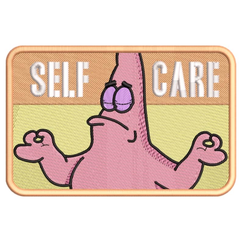 May include: A pink cartoon character with big eyes and a sad expression. The character is holding out both arms with a relaxed hand gesture. The text "SELF CARE" is written above the character in white letters on a beige background.