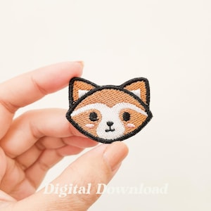 Peut inclure: Patch brodée thermocollante représentant un visage de raton laveur de dessin animé avec une fourrure brune, des yeux noirs, un nez blanc et des joues roses.