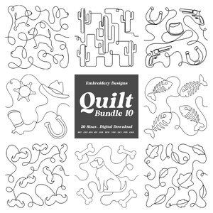 May include: A set of 10 embroidery designs for quilting. The designs include a cowboy boot, a horseshoe, a cactus, a fish skeleton, a dog, a bone, a mustache, and a leaf. The designs are all in a single line style. Embroidery Designs Quilt Bundle 10 20 Sizes. Digital Download DST EXP JESSEWVPBXXX PCB EHD