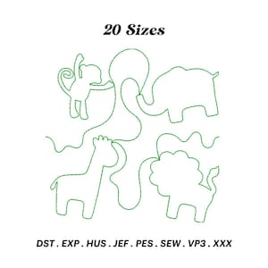 May include: White background with green line drawings of a monkey, elephant, giraffe, and lion. The text "20 Sizes" is above the drawings. Below the drawings are the file types: DST. EXP. HUS. JEF. PES. SEW. VP3. XXX.