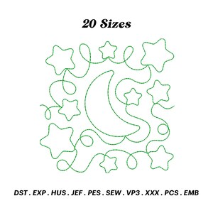 May include: A green outline of a crescent moon and stars with the text "20 Sizes" at the top. The image includes the file formats: DST, EXP, HUS, JEF, PES, SEW, VP3, XXX, PCS, EMB.