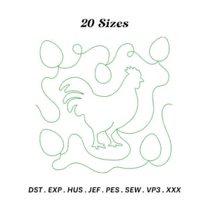 Pode incluir: Um contorno branco de um galo com costuras verdes, rodeado por ovos e espirais costurados em verde. O texto "20 Tamanhos" está acima do desenho. Abaixo do desenho estão os tipos de arquivo: DST. EXP. HUS. JEF. PES. SEW. VP3. XXX.