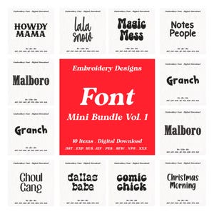 Könnte beinhalten: Ein digitaler Download von 10 Stickmustern mit verschiedenen Schriftarten im Retro-Stil. Die Schriftarten umfassen "Howdy Mama", "lala snow", "Magic Mess", "Notes People", "Malboro", "Granch", "Choul Gang", "Dallas Babe", "Comic Chick" und "Christmas Morning".