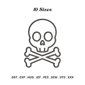 Könnte beinhalten: Eine schwarz-weiße Umrandung eines Totenkopfs mit gekreuzten Knochen. Das Bild ist für Stickereien und in 10 Größen erhältlich. Die enthaltenen Dateiformate sind DST, EXP, HUS, JEF, PES, SEW, VP3 und XXX.
