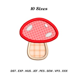 Pode incluir: Design de bordado de cogumelo vermelho e branco com um padrão xadrez no caule. 10 tamanhos. DST, EXP, HUS, JEF, PES, SEW, VP3, XXX.
