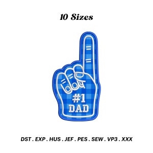 May include: Blue foam finger with a white outline and a checkered pattern. The finger is pointing up and has the text "#1 DAD" on it.
