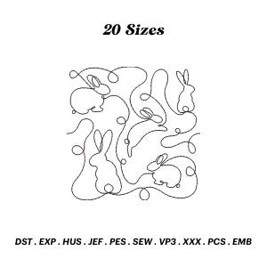 Pode incluir: Desenho de arte de linha de vários coelhos em uma linha contínua. O design é intitulado "20 tamanhos" e inclui os formatos de arquivo: DST, EXP, HUS, JEF, PES, SEW, VP3, XXX, PCS, EMB.