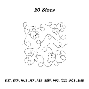 Peut inclure: Un motif de broderie numérique représentant quatre ours en peluche dans un design fantaisiste. Le motif est disponible en 20 tailles et comprend les formats de fichiers suivants : DST, EXP, HUS, JEF, PES, SEW, VP3, XXX, PCS, EMB.