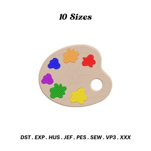 Könnte beinhalten: Eine beige Künstlerpalette mit sechs Farbtöpfen, gefüllt mit bunter Farbe. Die Farben sind rot, orange, gelb, grün, lila und blau. Die Palette hat ein Daumenloch auf der rechten Seite.