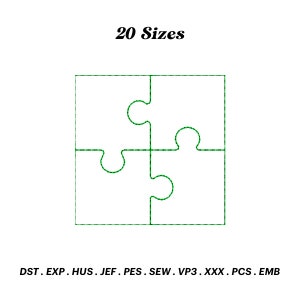 May include: A green outline of a four-piece jigsaw puzzle with the text "20 Sizes" above it. The file formats are listed below: DST, EXP, HUS, JEF, PES, SEW, VP3, XXX, PCS, EMB.