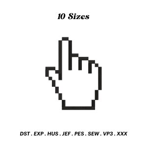 May include: Black and white pixelated image of a computer mouse cursor, with the text "10 Sizes" above the cursor and "DST. EXP. HUS. JEF. PES. SEW. VP3. XXX" below the cursor.