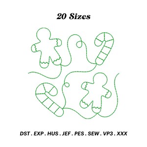 May include: A digital embroidery design featuring a green outline of gingerbread men and candy canes. The design is available in 20 sizes and includes the file formats: DST, EXP, HUS, JEF, PES, SEW, VP3, and XXX.