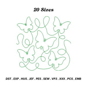May include: A digital embroidery design featuring five green outlined butterflies with swirls. The design is available in 20 sizes and in the following formats: DST, EXP, HUS, JEF, PES, SEW, VP3, XXX, PCS, EMB.