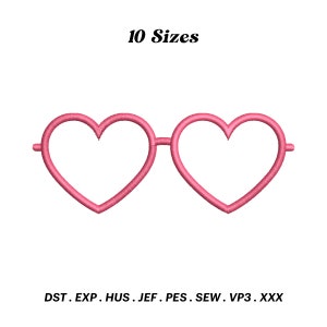 May include: Pink heart-shaped glasses embroidery design, available in 10 sizes.  DST, EXP, HUS, JEF, PES, SEW, VP3, XXX file formats.