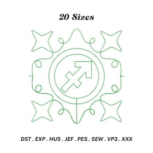Sagittarius Zodiac Sign Quilt Embroidery Design, Zodiac Symbol Quilt Block Embroidery, Astrological Symbol, Single Line, Digital Download