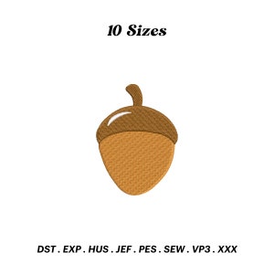 May include: A brown acorn embroidery design with 10 sizes available in formats: DST, EXP, HUS, JEF, PES, SEW, VP3, XXX.