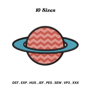 May include: A red and white chevron patterned planet with a blue ring around it. The image includes the text "10 Sizes" and "DST. EXP. HUS. JEF. PES. SEW. VP3. XXX".