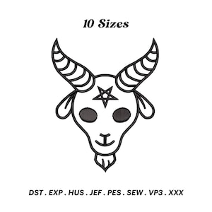 May include: Black and white line art embroidery design of a goat's head with horns and a pentagram on its forehead. The design is available in 10 sizes.  DST, EXP, HUS, JEF, PES, SEW, VP3, XXX.