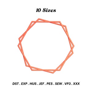 May include: A digital embroidery design of a double-lined octagon shape in a coral color. The design is available in 10 sizes. The file formats included are DST, EXP, HUS, JEF, PES, SEW, VP3, and XXX.