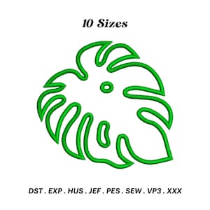 Op de afbeelding: Groene omtrek van een monstera-blad, een populaire tropische plant, in 10 maten. De bestandsformaten zijn DST, EXP, HUS, JEF, PES, SEW, VP3 en XXX.